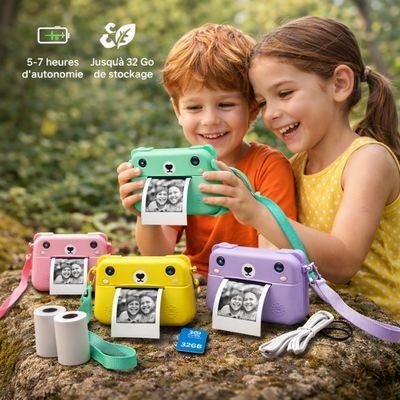 Deux enfants souriants en extérieur tenant des appareils photo instantanés colorés, entourés de modèles rose, jaune et violet, avec rouleaux de papier d’impression et carte mémoire, et indication d’autonomie 5-7 heures et stockage jusqu’à 32 Go.