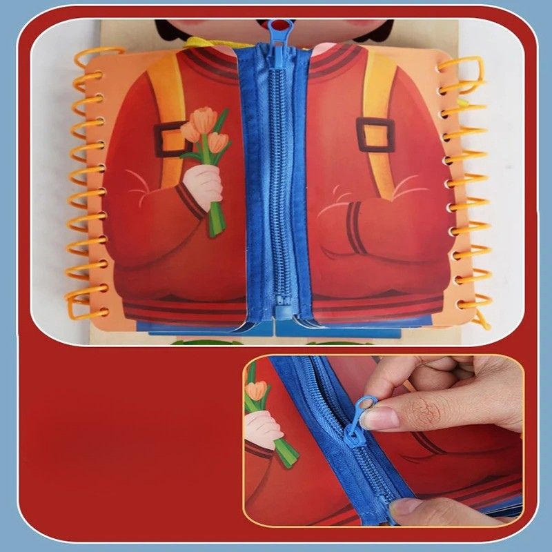 Planche-Montessori-enfant-livre-interactif-habillage-fermeture-éclair-boutons-laçage-développement-motricité-fine-apprentissage-autonomie