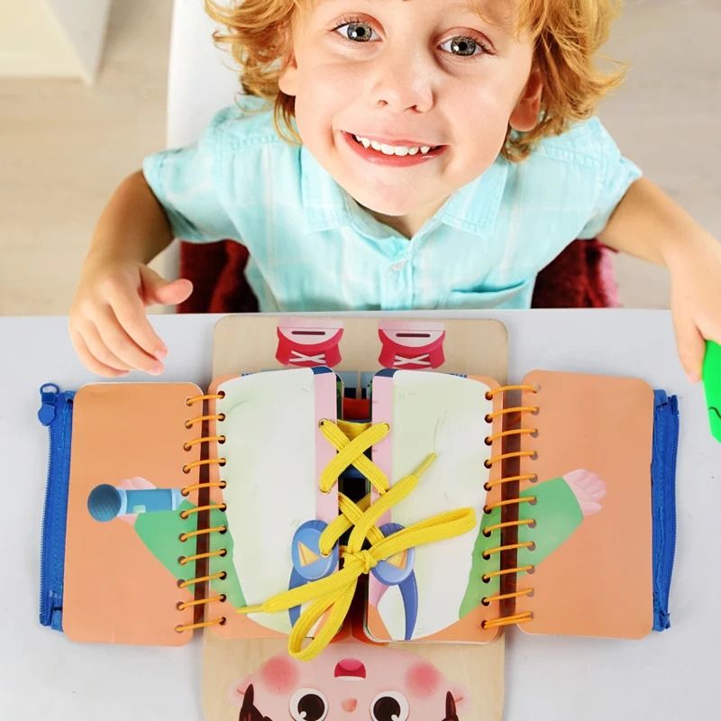 Planche-Montessori-enfant-livre-interactif-habillage-fermeture-éclair-boutons-laçage-développement-motricité-fine-apprentissage