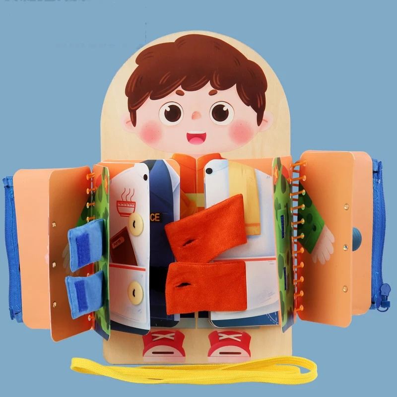 Planche-Montessori-enfant-livre-interactif-habillage-fermeture-éclair-boutons-laçage
